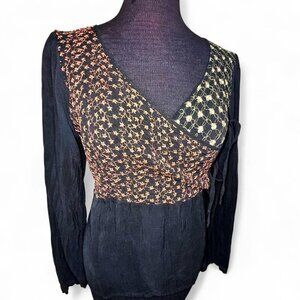 Johnny Was Vintage Boho Side Tie Blouse Orange Blue Yellow Floral Embroidery
